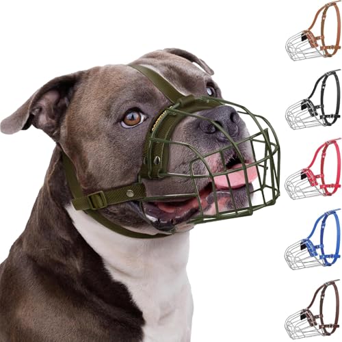 BRONZEDOG Pitbull Dog Muzzle Breathable Metal Basket for Large Dogs Amstaff Staffordshire Terrier Biting Chewing Barking (Nylon, Military Green) - color: Nylon, Military Green