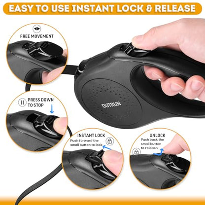 OUTRUN Retractable Dog Leash 26 FT Walking Leash up to 110 lb, Strong Nylon Tape No Tangle, Heavy Duty One-Handed Brake Lock, Black