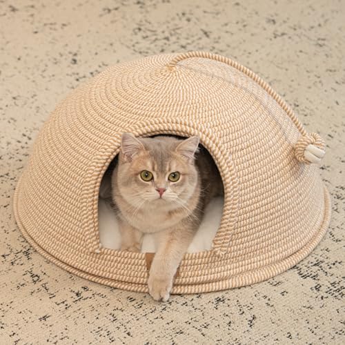 Cat Cave Bed with Washable Cushion and Ball, Handwoven Cotton Rope Cat Basket Bed for Indoor Cats Bed Covered, 3-in-1 Scratching, Playing & Sleeping, All Season Universal(White)