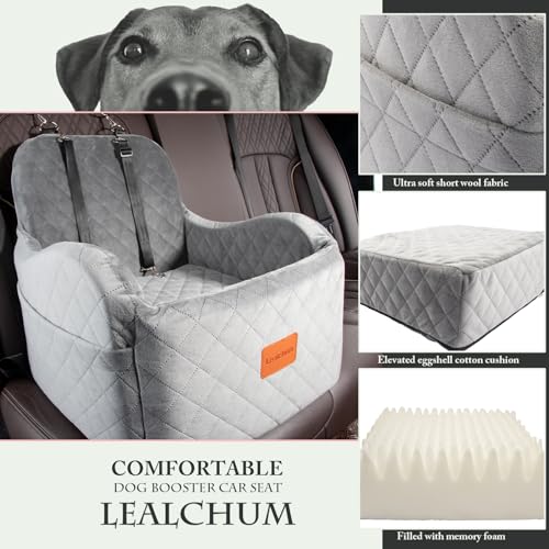 Lealchum Dog Booster Car Seat for Small/Medium Dogs Up to 35lbs,Ultra Soft Fabric Covered,6in Elevated Cushion,Fully Detachable and Washable,3 Straps & 2 Pockets,Easy to Install(Grey,Medium) - color: Grey