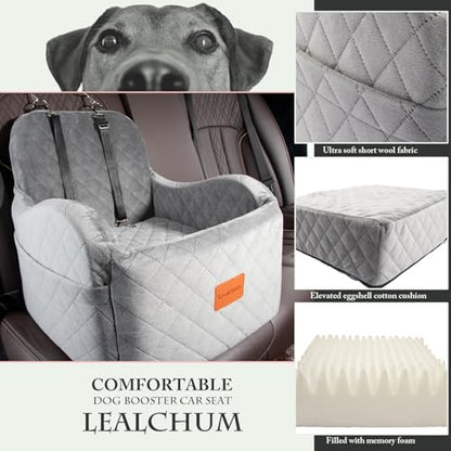 Lealchum Dog Booster Car Seat for Small/Medium Dogs Up to 35lbs,Ultra Soft Fabric Covered,6in Elevated Cushion,Fully Detachable and Washable,3 Straps & 2 Pockets,Easy to Install(Grey,Medium) - color: Grey