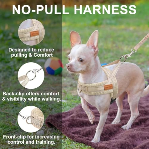 BEAUTYZOO Dog Harness No Pull, Quick Fit Dog Harness and Leash Set, Escape Proof Vest Harness with Soft Handle, Reflective Breathable Mesh Padding Harness for Medium Size Dog Training Walking, Beige M - color: Beige, size: M: Chest 21"-26.7"