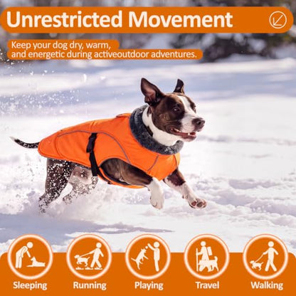 DENTRUN Warm Dog Winter Coat, Easy On Reflective Turtleneck Fleece Jacket | Adjustable buckle, easy on off, windproof & water-repellent, thick fleece snowsuit, outfit fits small to large breeds - color: Orange, size: Small