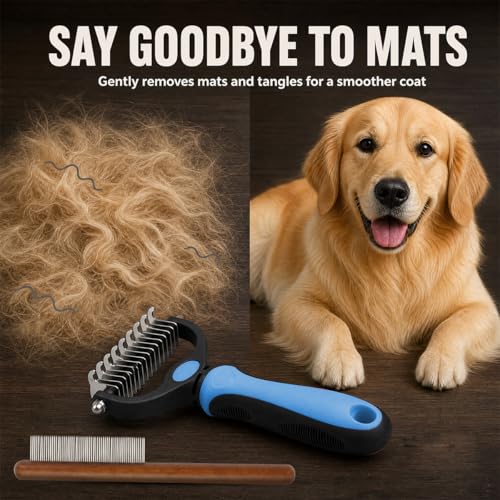 Pet Pro Grooming Tool for Dogs & Cats, 2-in-1 Blue Deshedding Brush & Wooden-Handle Steel Comb, Undercoat Rake for Long Hair Thick Coats, Painless Dematting Removes Tangles Knots & Loose Fur
