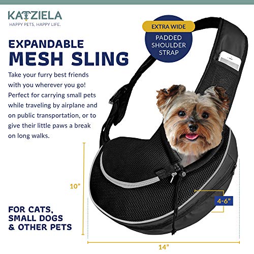 Expandable Pet Carrier Sling Bag - Small Dog, Puppy and Cat Carrier Front Shoulder Backpack w/Harness Strap - Carrying Pouch for ESA, Animal Travel - PU Leather Bottom, Mesh Pocket by Katziela (Black) - color: Black