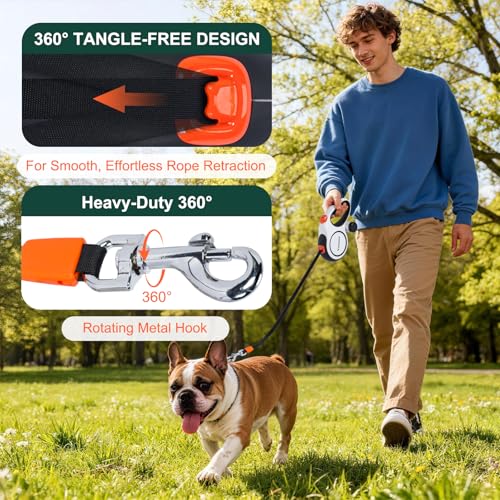 Retractable Dog Leash, 26ft Heavy Duty Retractable Pet Leash with Poop Bag Holder, 360° Tangle-Free for Small Medium Large Dogs Up to 110lbs,Anti-Slip Handle,One-Handed Brake Pause Lock（White） - color: White, size: 26ft up to 110lbs