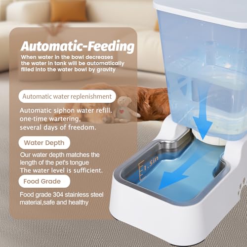 Automatic 5.4L/1.4Gal Pet Waterer, Automatic Dog Water Dispenser Gravity Stainless Steel Water Feeder, Large Capacity Feeding Bowls for Cats and Medium & Large-Sized Dogs (White, Food+Water) - color: White, size: Food and Water