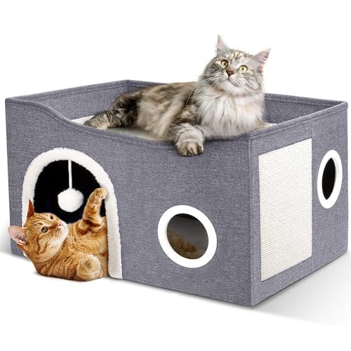 Heeyoo Cat House for Indoor Cats - Large Cat Bed Cave with Fluffy Ball and Scratch Pad, Foldable Cats Houses & Condos, Cat Hideaway, Covered Kitty Bed for Multi Small Large Kitty, 23.8x15.9x13.2 Inch - style: Without heat pad