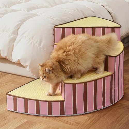 Curved Dog Stairs for Small Dogs & Cats – Pet Steps with Non-Slip Textured Surface, Removable Washable Cover & High-Density Foam(Pink,2-Step) - color: Pink, size: 2-Step