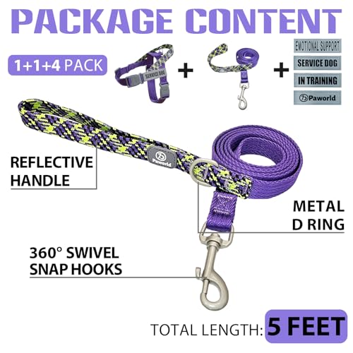 Service Dog Harness and Leash Set, No-Pull Service Dog Vest with 4 PCS Reflective Patches, Dog Vest Harness with Handle, Pet Harness for Small Medium Large Dogs in Training (Purple, M) - color: Purple (Leash + Harness + 4 Patches), size: Medium (Chest: 22