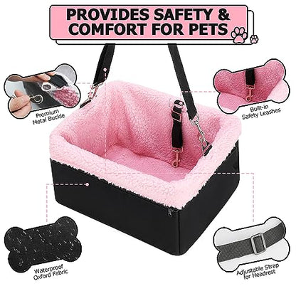 Dog Car Seat for Small Pets Under 20lbs, Booster Seat with Metal Frame, Double-Layer Oxford Fabric, Safety Leash for Dogs and Cats