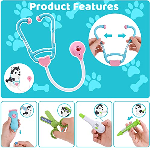 MAGIC4U Pet Cat Care Carrier Suitcase Toy, 29PCS Doctor Vet Kit for Kids, Pet Dog Grooming Feeding Toys, Veterinarian Pretend Play Set, Gifts for Boys and Girls Ages 3-12 | Puppy Vet Toys, Animal Doctor Kit for Toddlers,, Dog Grooming Toys, Pretend Pet Ho