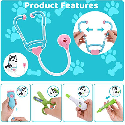 MAGIC4U Pet Cat Care Carrier Suitcase Toy, 29PCS Doctor Vet Kit for Kids, Pet Dog Grooming Feeding Toys, Veterinarian Pretend Play Set, Gifts for Boys and Girls Ages 3-12 | Puppy Vet Toys, Animal Doctor Kit for Toddlers,, Dog Grooming Toys, Pretend Pet Ho