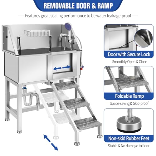Stainless Steel Dog Washing Station, Pet Grooming Tub W/Storage Stairs, Faucet & Showerhead & Soap Holder Dog Bathtub for Large & Medium & Small Pets,34" R-RAMP - color: 34" R-RAMP