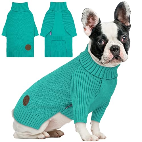 cyeollo Stretchy Fleece Dog Sweater, Knit Sweaters for Small Dogs Girl Warm Turtleneck Doggy Sweatshirt with Sleeves Fall Winter Pullover Cold Weather Dog Clothes, Aqua Green S - color: Aqua Green, size: Small