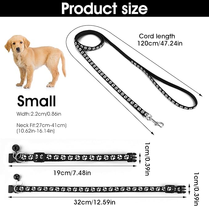 Black Bell Collar for Small Dogs, Puppy Collar and Leash Set Pawprint XSmall Dog Collar Adjustable Kitten Collar with Bell for Tiny Little XXS XS Extra Small Breed Pets Dogs Cats Girls Boys - color: Black