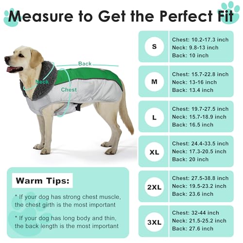 Petglad Dog Coat, Waterproof Ripstop Dog Winter Jacket with Leash Hole, Reflective Adjustable Warm Pet Fleece Snow Sweater for Small Medium Large Dogs - Green, 3XL - color: Green, size: 3XL