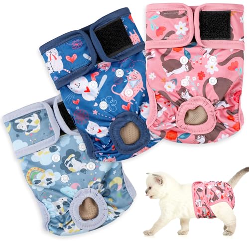 Reusable Cat Diapers 3 Pack with Good Absorbency Kitten Diapers Small for Female&Male Cat Easy to Put on Adorable for Cats Secure Fit S - color: cat-2, size: Small（New Born-10.5"Waist）