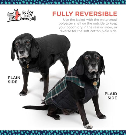 Rocky 2-in-1 Reversible Dog Jacket - Waterproof Snow Coat for Medium & Large Dogs - color: Green Tartan, size: Large