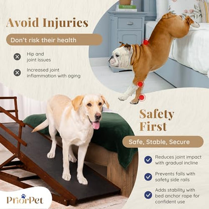 Dog Ramp for Bed with Safety Rails for High Beds up to 37" – Extra Wide 19.5" Adjustable Dog Bed Ramp for Large Dogs up to 200 lbs – Solid Birchwood, Non-Slip Rubber Surface, Foldable Design – Walnut - color: Walnut