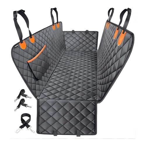 Jubily Dog Car Seat Cover for Back Seat, 100% Waterproof 600D Oxford Cloth Non-Slip Car Seat Protector, Universal Fit Pet Seat Cushion with Storage Pocket, Safety Ropes & Leash (Orange Pocket) - color: Orange Pocket