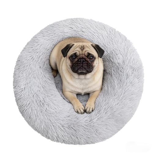 Calming Donut Dog Bed Medium Size Dog - Washable Removable Cover Non-Slip Bottom, Round Pet Bed Cat Bed Warming Fluffy Plush Faux Fur Anti-Anxiety, Fits up to 45 lbs (Light Grey, 30") - color: Light Grey, size: 30"L x 30"W x 8"Th