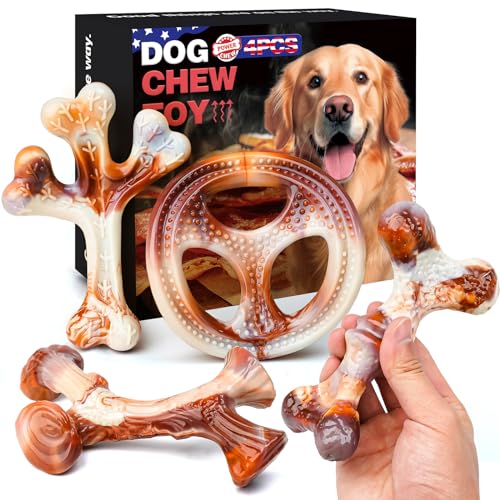 4 Pack Dog Chew Toys for Aggressive Chewers - Tough Indestructible Dog Toys with Bacon Flavor- Durable Nylon Bones Toy for Small Medium Large Breed - Puppy Gifts - size: Medium