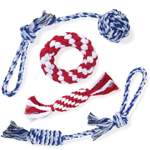 Depets Dog Rope Toys for Small Dogs, 4-Pack Durable Puppy Rope Chew Toys for Teething, Puppy Tug of War Interactive Toy, Washable Knot Dog Toy for Dental Care & Anxiety Relief