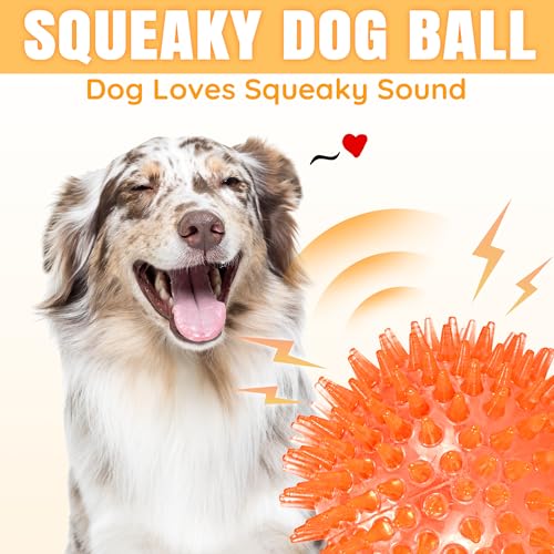 LECHONG 6-Pack 3.5” Squeaky Dog Balls, Durable Soft Spiky Chew Rubber Fetch Toy Balls for Large Medium Aggressive Chewers Teeth Cleaning Chewing Playing Training & Boredom Buster Indoors Outdoors - size: M 6PACK