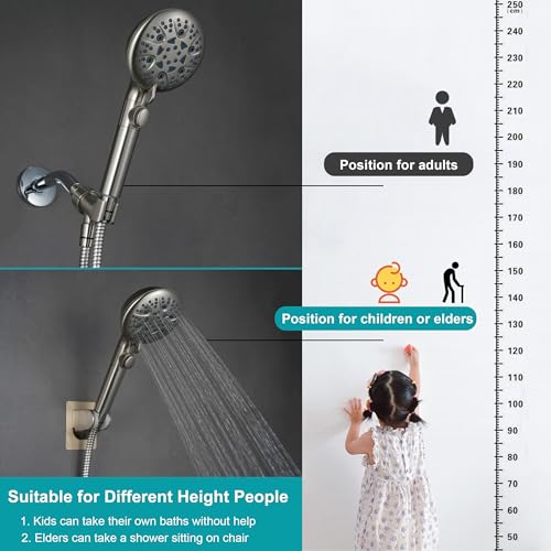 GwernKB Brushed Nickel Shower Heads Handheld with On Off Switch,8-Mode High Pressure Shower Wand with 79In Stainless Steel Hose&Bracket PLUS Low-Reach Adhesive Wall Mount Holder for Kids&Elderly - color: Brushed Nickel