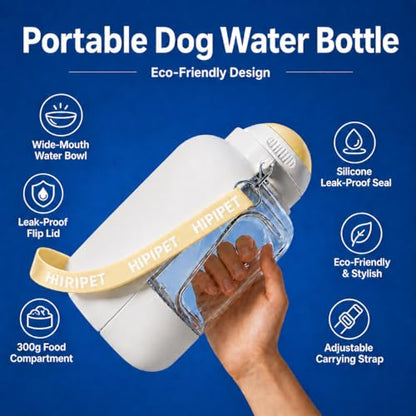Dog Water Bottle with Food Container, 32oz Leak-Proof 3-in-1 Portable Dog Travel Water Bottle with 10oz Food Storage, Twist Dispensing Pet Water Dispenser for Walking Hiking Camping, White