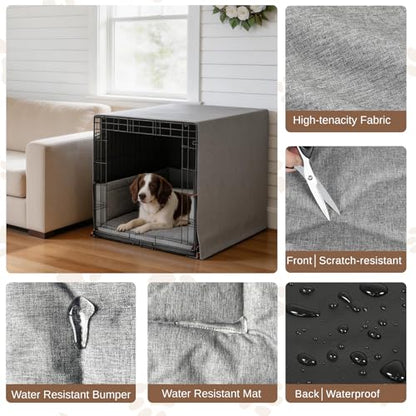 Calming Open Front Dog Crate Cover 42" Wire Crate, 3-Piece Water-Resistant Set with Mat & Bumper Pad, Breathable Oxford, Blocks Light, Machine Washable, Anxiety Relief Den for Home & Travel, Gray - size: 42-Inch