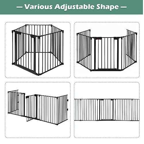 Costzon Baby Safety Gate, 121 Inch Length 5 Panel Adjustable Wide Fireplace Fence, BBQ Metal Fire Screen Gate, Pet Isolation Fence with Walk-Through Door, Freestanding Pets Gate - color: Black, size: 5-Panel