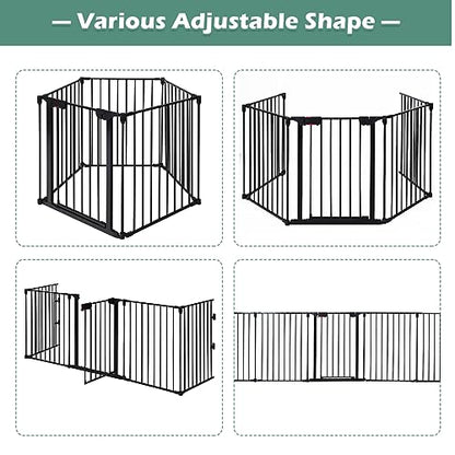 Costzon Baby Safety Gate, 121 Inch Length 5 Panel Adjustable Wide Fireplace Fence, BBQ Metal Fire Screen Gate, Pet Isolation Fence with Walk-Through Door, Freestanding Pets Gate - color: Black, size: 5-Panel