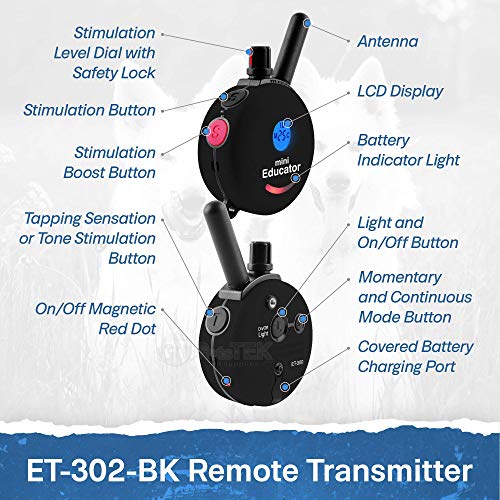 Educator ET-302 Black Mini E Collar for Dog Training with Remote - 1/2 Mile Range, Waterproof, 100 Blunt Stimulation Levels, Tone or Vibration Mode, Night Light for Small, Medium & Large Dogs (2 Dogs) - size: 2-Dog (ET-302 Black)
