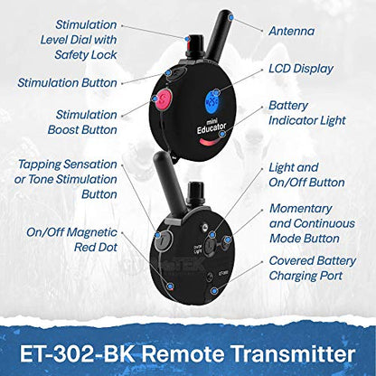 Educator ET-302 Black Mini E Collar for Dog Training with Remote - 1/2 Mile Range, Waterproof, 100 Blunt Stimulation Levels, Tone or Vibration Mode, Night Light for Small, Medium & Large Dogs (2 Dogs) - size: 2-Dog (ET-302 Black)