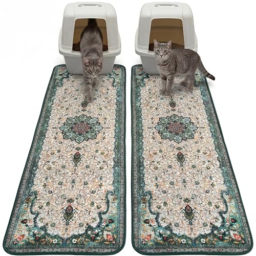 Hompet Cat Litter Mat 2 Pack,18x54 Large Machine Washable Trapping Mats for Cats, Super Absorbent & Urine-Proof Cat Litter Box Mat for Floor, Waterproof & Non Slip Kitty Litter Rug - color: Green, size: 18x54 Inch (Pack of 2)