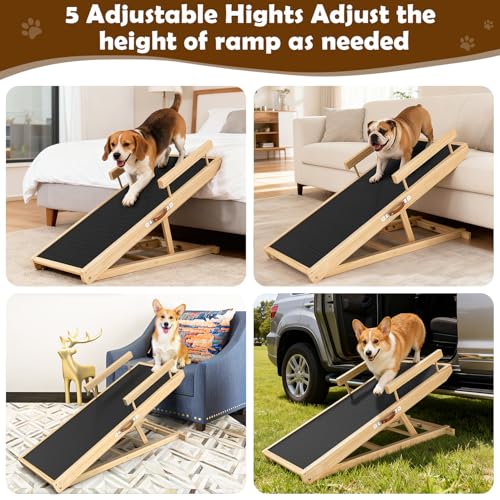 Dog Ramp for Couch, Bed or Car, Wooden 44" Long Pet Stairs for Small & Large Old Dogs & Cats, Hold up to 200lb, 5 Adjustable Height from 14.96" to 22", Portable Doggie Steps, Excellent Traction - size: 44"L*15.74"W*14.96"~22.04"H