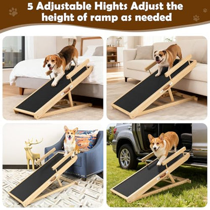 Dog Ramp for Couch, Bed or Car, Wooden 44" Long Pet Stairs for Small & Large Old Dogs & Cats, Hold up to 200lb, 5 Adjustable Height from 14.96" to 22", Portable Doggie Steps, Excellent Traction - size: 44"L*15.74"W*14.96"~22.04"H