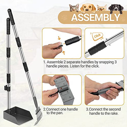 Heeyoo Dog Pooper Scooper, Dog Poop Tray and Rake Set, Pet Waste Removal Scoop with Long Adjustable Sectional Stainless Handles - color: Silver/Black