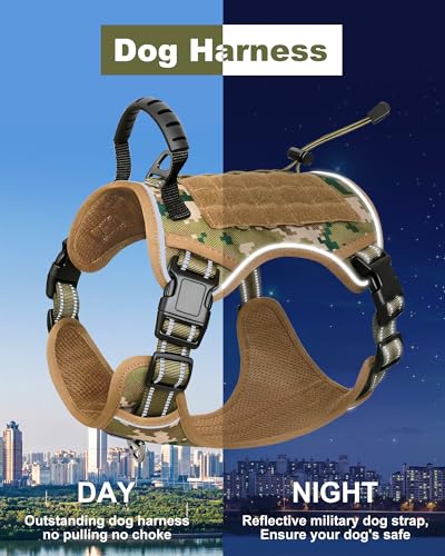 Hotsky Tactical Dog Harness No Pull，Adjustable Service Dog Vest Reflective Military Pet Harness with Control Handle Molle Loop Panels for Training Walking Running(Army Camo, M) - color: Army Camo, size: M( Neck: 18''-23.5",Chest: 20"-27")