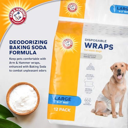 Arm & Hammer Large Male Dog Wraps, Disposable Belly Band Diapers with Baking Soda Odor Control, Super Absorbent Leak Resistant Design for Marking and Incontinence, 18-27 Inch Waist, 12 Count - size: Large