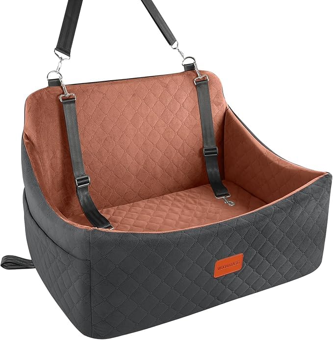 Wooaidagg Dog Car Seat for Medium & Large Dogs Up to 55lbs, Memory Foam Cushion, Washable Cover, Safety Straps & Non-Slip Bottom(Black/Brown,Large) - color: Black/Brown