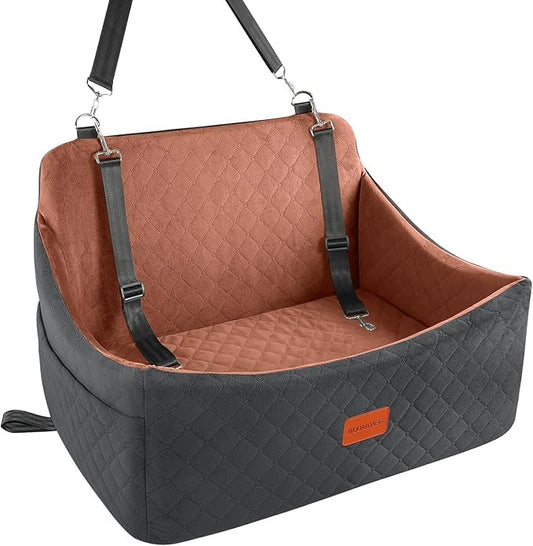 Wooaidagg Dog Car Seat for Medium & Large Dogs Up to 55lbs, Memory Foam Cushion, Washable Cover, Safety Straps & Non-Slip Bottom(Black/Brown,Large) - color: Black/Brown