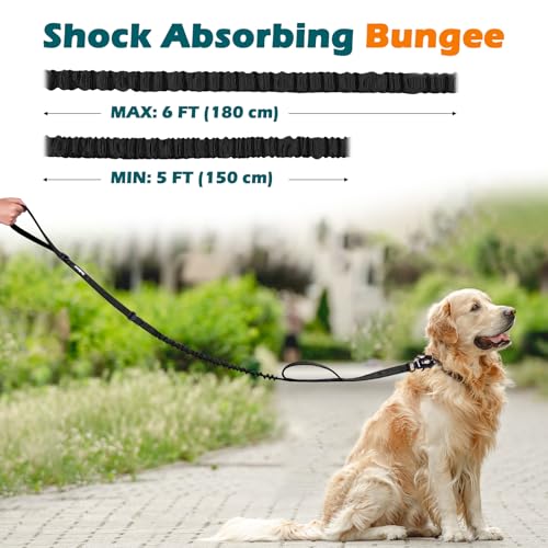 PetBonus Heavy Duty Tactical Dog Leash, 5 FT Bungee Shock Absorption Leash with 2 Padded Handles, Quick Release Metal Clip, Car Seatbelt, No Pull Training Lead for Large Medium Dogs (Black) - color: Black