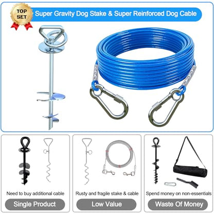 Dog tie Out Cable and Stake,with 45 ft Cable,360° Swivel Dog Runner for Yard,Dog Run Anchors for Large Dogs up to 150 lbs-Ideal for Outdoor Camping - size: dog stake+45ft cable