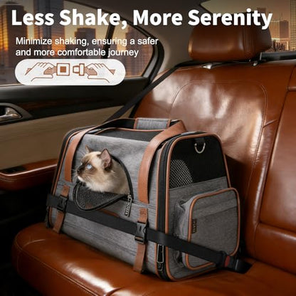 Heavy-Duty Premium Pet Carrier, Medium to Large Cat Carrying Bag with Seatbelt Strap Car Travel, Top & Side Load Crate Durable Foldable Kennel Cage for Small Dogs Under 10 lbs Leather