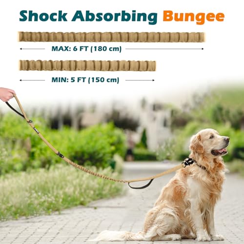 PetBonus Heavy Duty Tactical Dog Leash, 5 FT Bungee Shock Absorption Leash with 2 Padded Handles, Quick Release Metal Clip, Car Seatbelt, No Pull Training Lead for Large Medium Dogs（Khaki） - color: Khaki