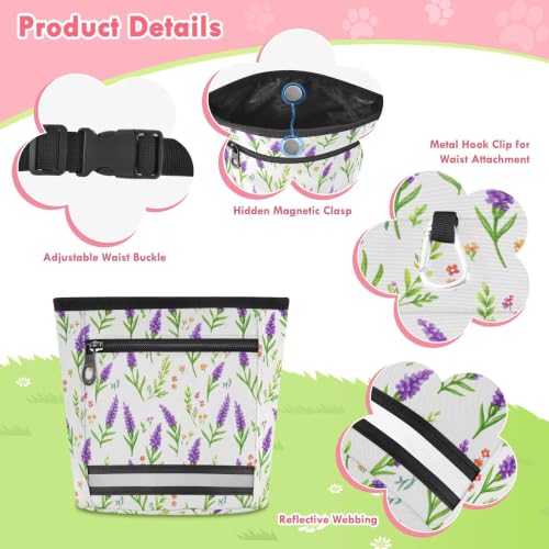Lavender Water-Resistant Dog Treat Pouch, 3 Ways to Wear Treat Bag with Magnetic Closure & Reflective Strip, Hands-Free for Pet Training, Walking