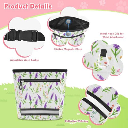 Lavender Water-Resistant Dog Treat Pouch, 3 Ways to Wear Treat Bag with Magnetic Closure & Reflective Strip, Hands-Free for Pet Training, Walking